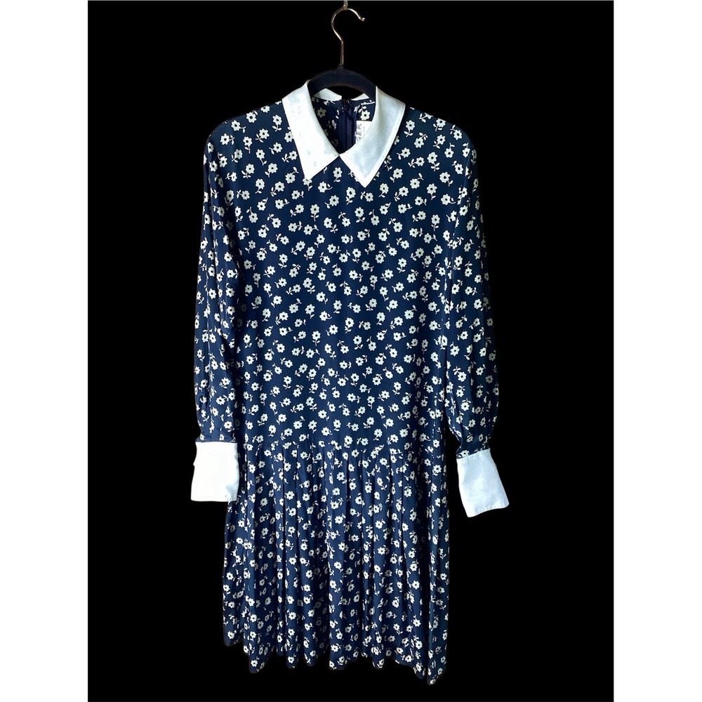 Vtg Jaeger Silk Dress Navy Floral Drop Waist Pleats White Collar &Cuffs *Read